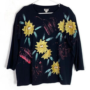 Vintage 90s Hand Painted Oversized Long Sleeve Crewneck Top Shoulder Pads Large